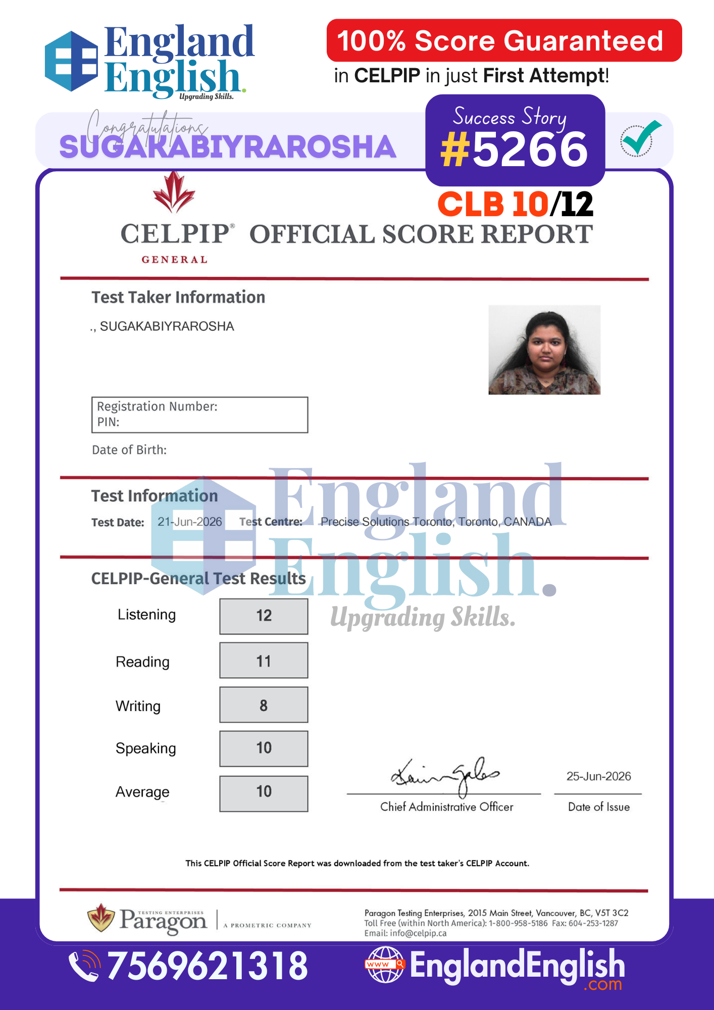 Rarosha CELPIP General score report