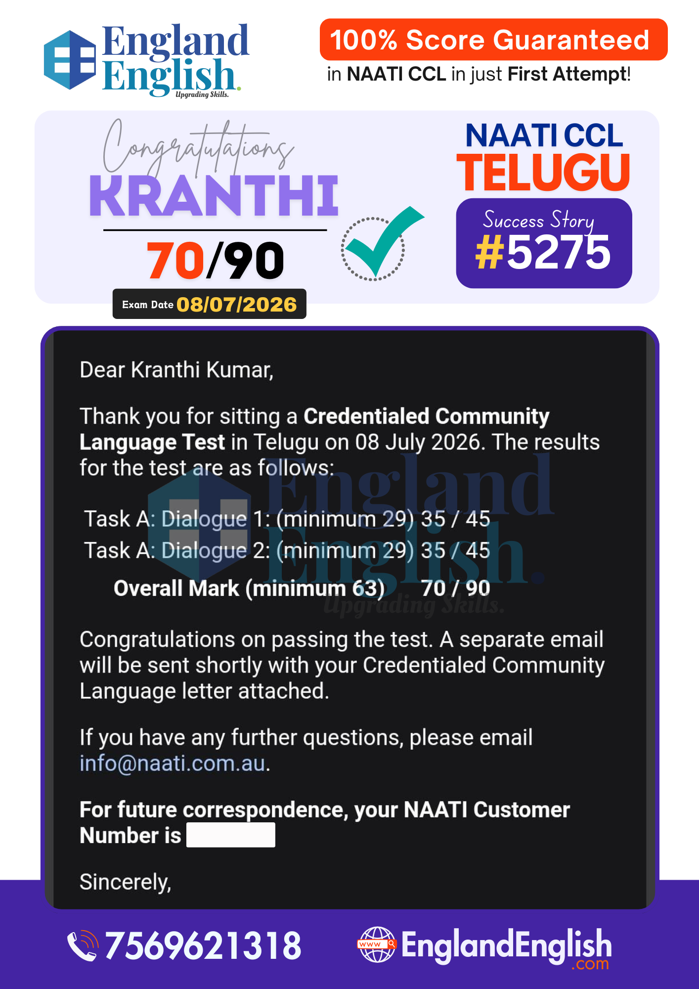 Kranthi NAATI CCL score report